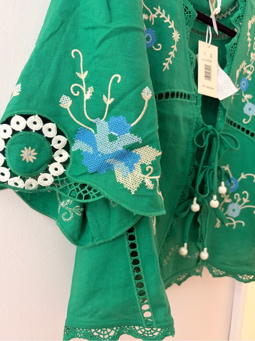 NWT Cotton/Linen Green Embroidered Tie Front Top - Picture 10 of 12